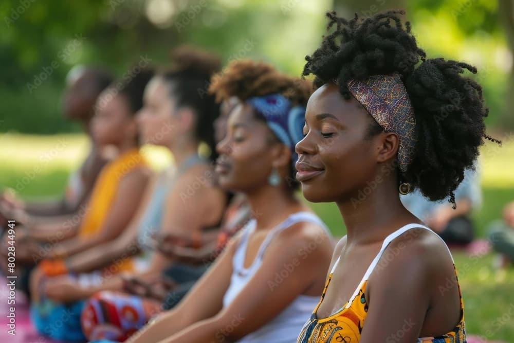 Group meditating in a tranquil setting